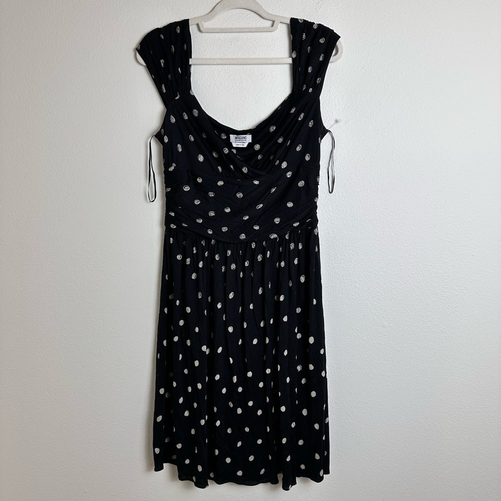 Moschino cheap chic black polka dot silk ruched fit flare v neck Y2K dress L - Picture 2 of 12